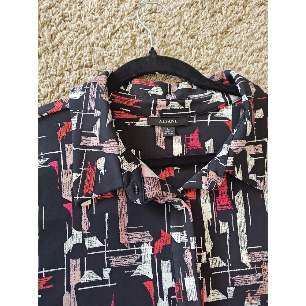 Women Alfani Blouse XL Black Abstract Button-Down Long Sleeve Relaxed Regular - Picture 5 of 13